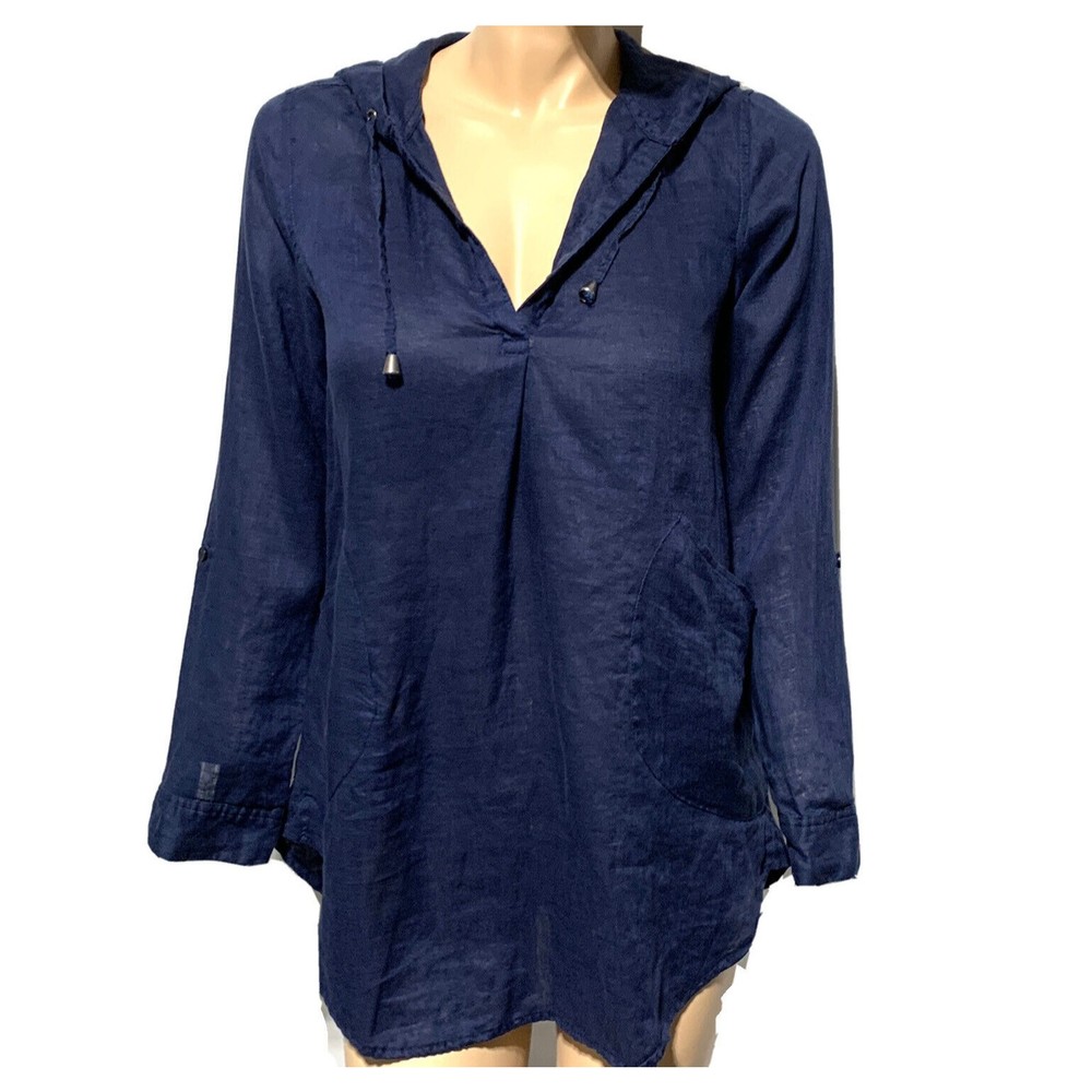 For Cynthia Beachwear Tunic Top Roll Tab Sleeve 100% Linen Size S Small Navy